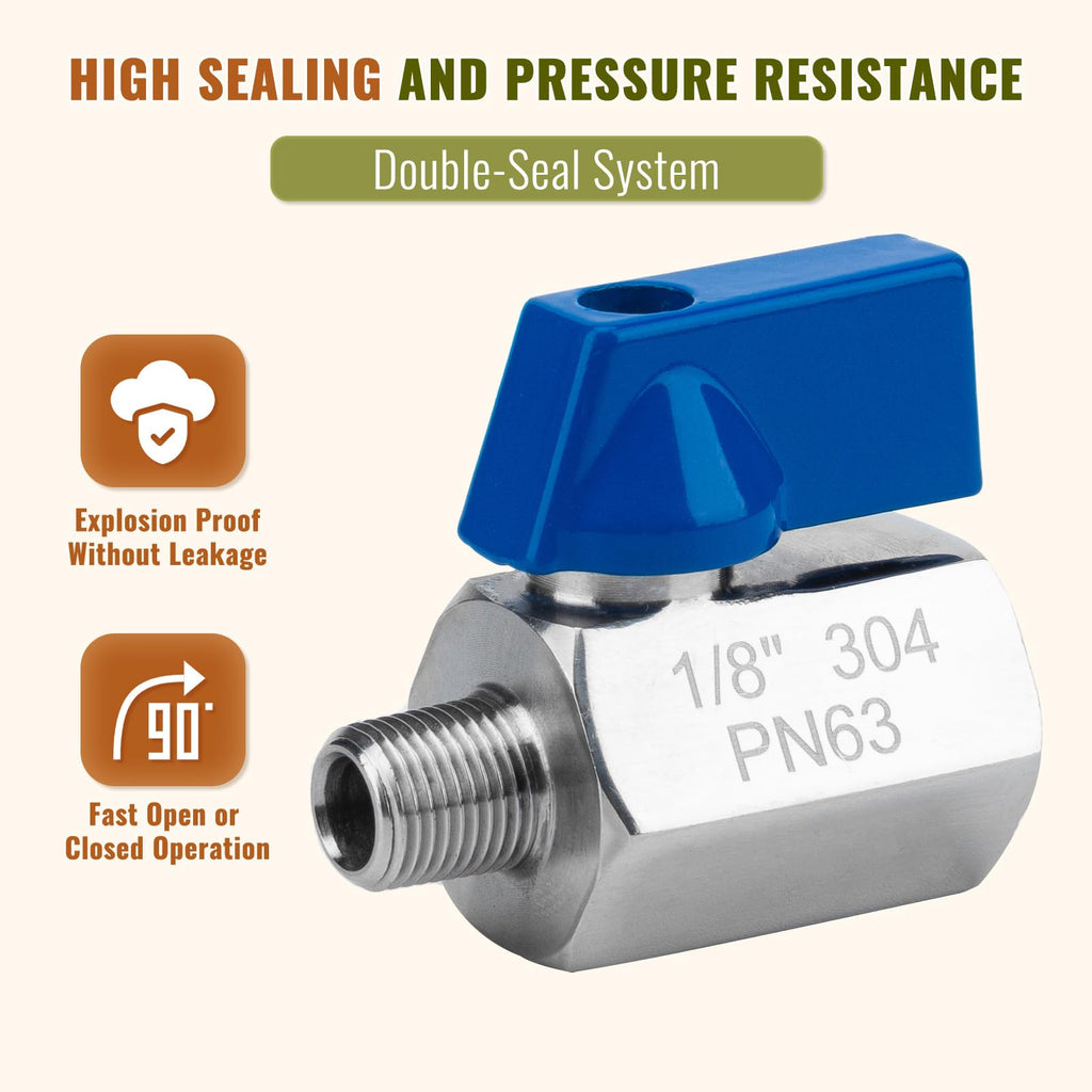 2 Pack 1/8" Mini Ball Valve, 304 Stainless Steel Valve NPT Female x Male Thread Shut-Off Valves for Small Compact Space (2, 1/8 Inch)