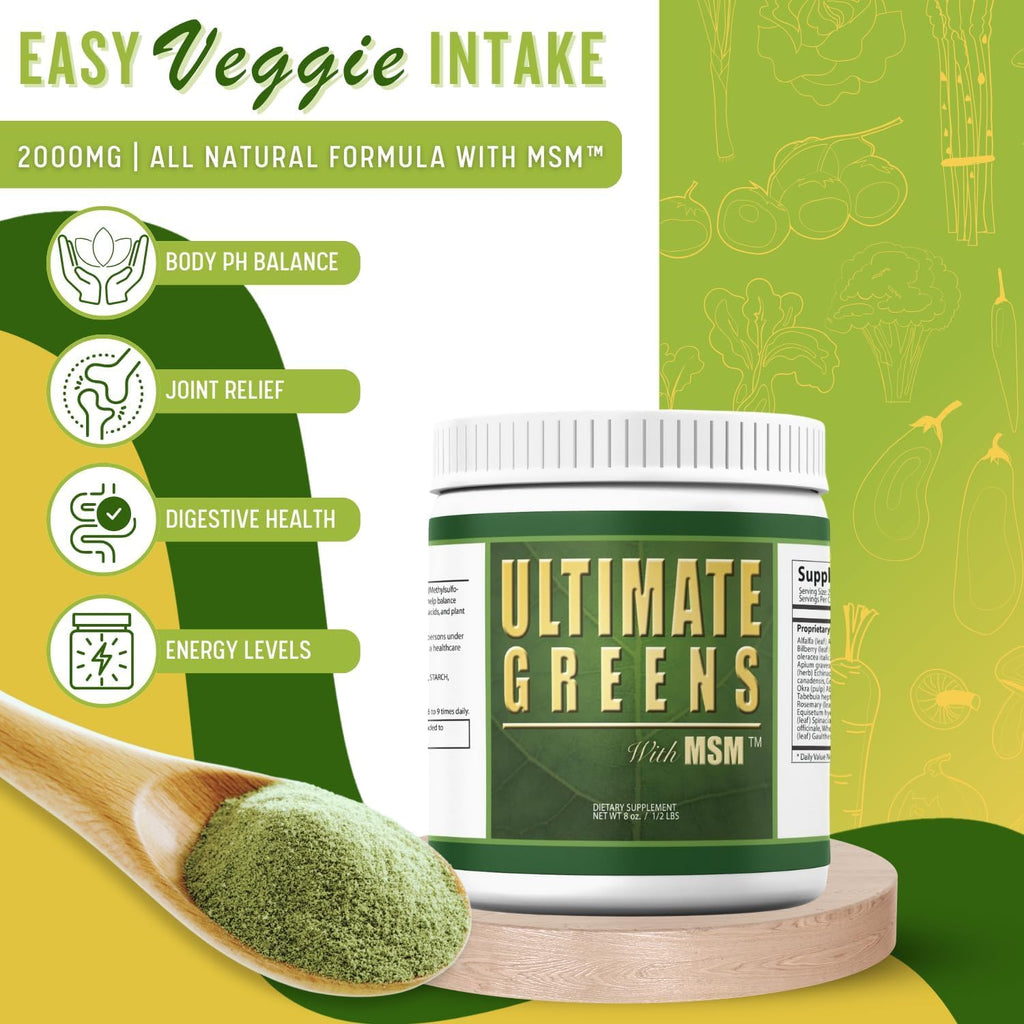 Ultimate Greens with MSM Powder, Vegan Friendly Natural Ingredients Gluten Soy Free NO GMO Superfood Vegetable Nutritional Drink Alkalizing Energy 8oz 6 Pack (6 Month Supply)