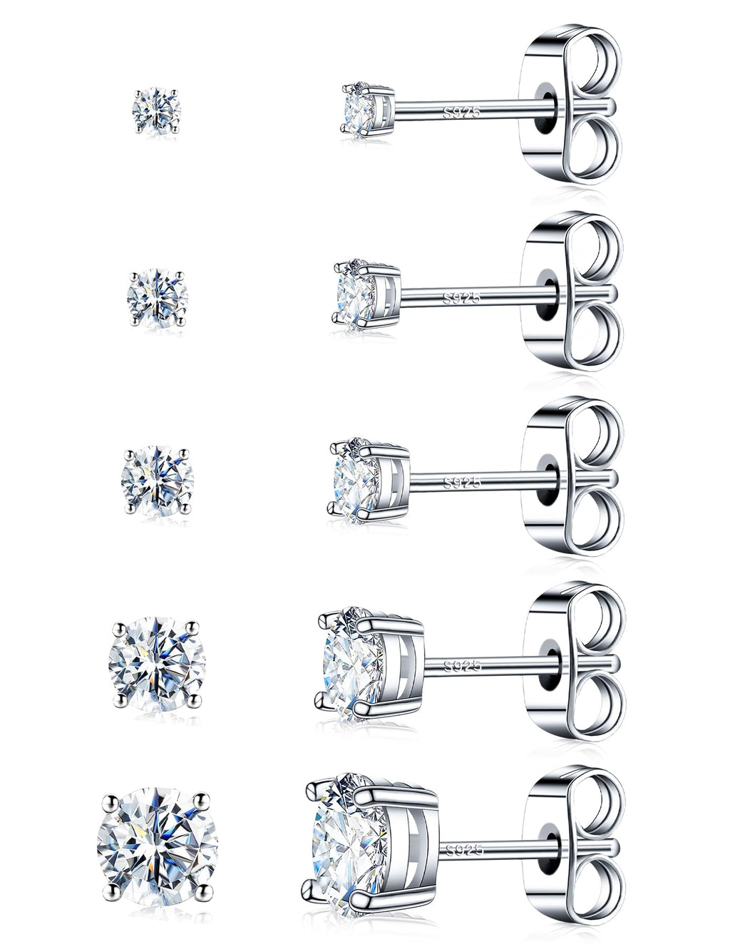 Kosuwo Moissanite Stud Earrings Set, 925 Sterling Silver, 18K White Gold Plated, Hypoallergenic, 5 Pairs, for Women and Men (18K White Gold)