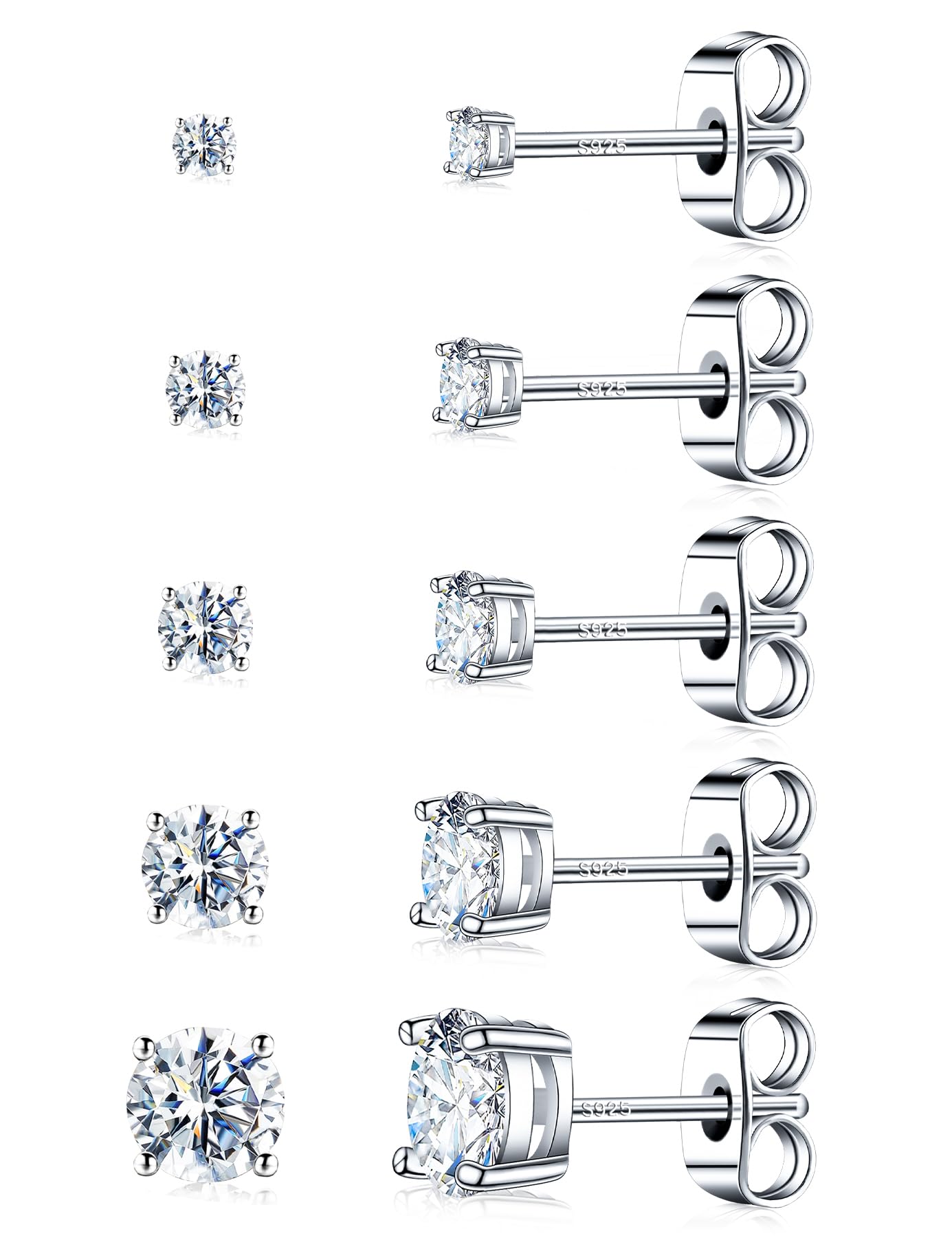 Kosuwo Moissanite Stud Earrings Set, 925 Sterling Silver, 18K White Gold Plated, Hypoallergenic, 5 Pairs, for Women and Men (18K White Gold)