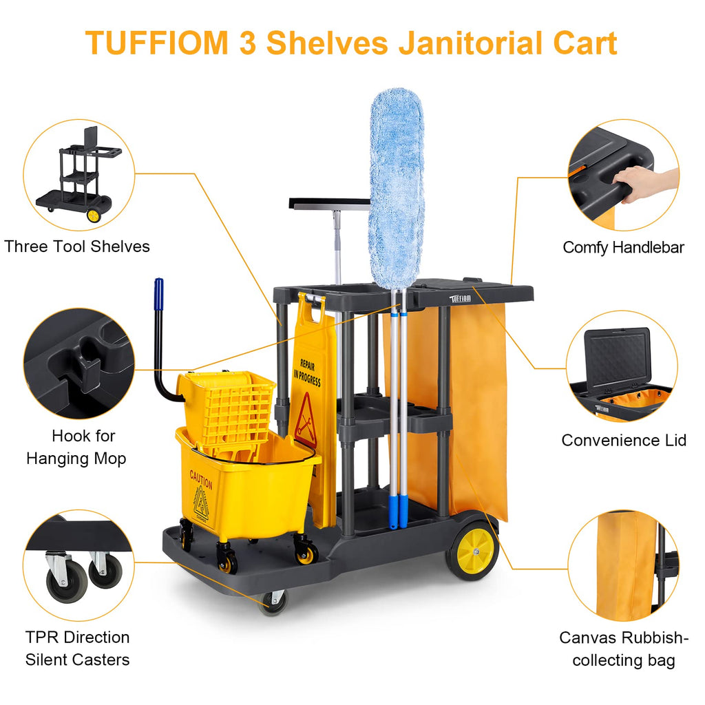 TUFFIOM Extra Large Commercial Traditional Cleaning Janitorial 3-Shelf Cart, 500 Lbs Capacity Housekeeping Cart, 42.5" L x 18.7" W x 37.6" H, Wheeled with 22 Gallon Yellow VinylBag Cover w Lid, Black