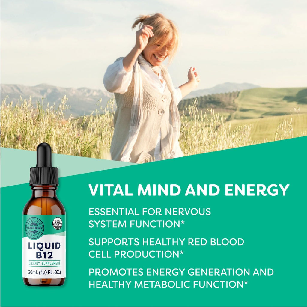Vimergy USDA Organic Liquid Vitamin B12 Supplement 2500 mcg, Methylcobalamin & Adenosylcobalamin Fast-Absorbing Energy Support, Vegan, Non-GMO B12 Vitamins for Women & Men 30 Serving (30 mL)