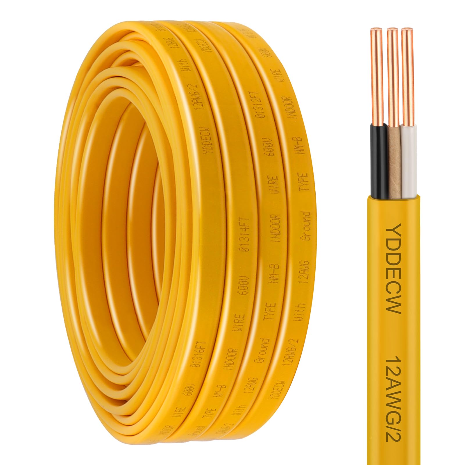 YDDECW 12/2 NM-B Wire with Ground - 25FT 12 Gauge Non-Metallic Sheathed Cable Pure Copper 12 AWG 2 Conductor Residential Indoor Wire for Outlets, Switches and Other Loads etc.