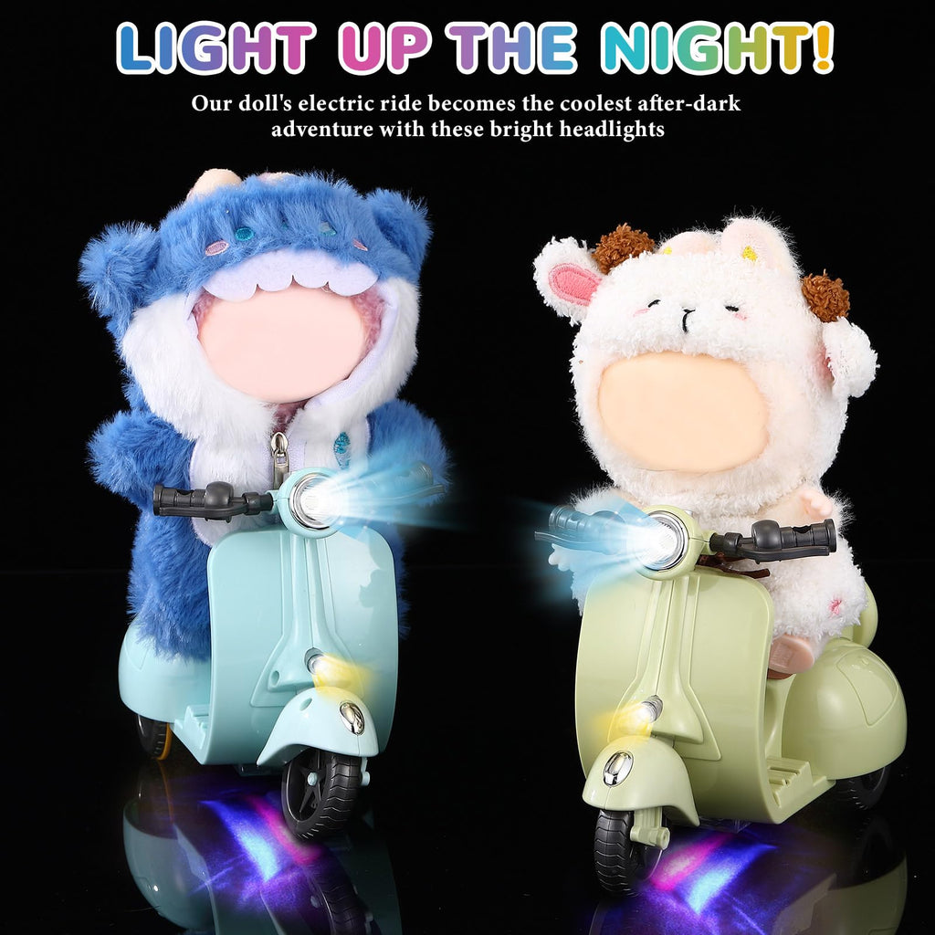 Simgoing 2 Pcs Mini Electric Doll Scooter Vehicles Toy Funny Doll Accessory with Music & Lights Could Rotate 360° Cute Plastic Scooter Toy Ornaments Battery Not Included (Blue & Green)