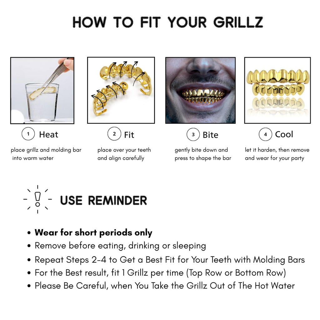 JINAO Grillz Teeth Men - Grills for Your Teeth 8 Top & Bottom Set, 18K Gold-Plated Brass Dental Grills with Molding Bars, Unisex Hip-Hop Rapper Costume Accessory(Iced Silvery Set)