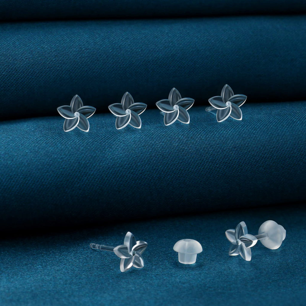 MRI Safe Clear Plastic Earrings for Surgery & Sports, Hypoallergenic Medical Grade Earrings for Sensitive Ears, 20G Silicone Retainer Studs for Women Men - 6 Pairs (Plumeria Flower Design)