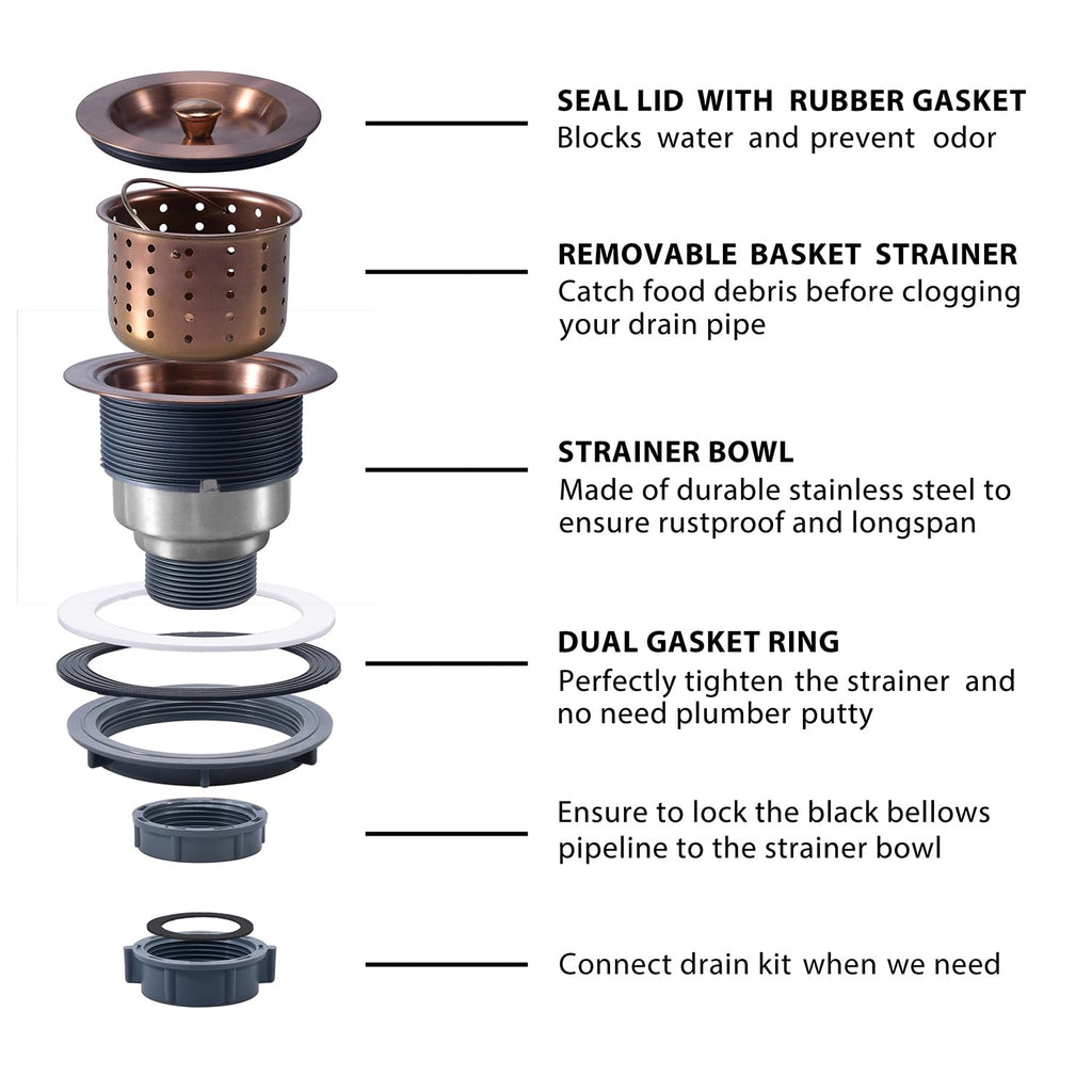 KONE 3/1-2 Inch Sink Drain Assembly Antique Copper Kitchen Sink Drain Kit Copper Stainless Steel Sink Basket Strainer Rubber Stopper, Sealing Lid/Removable Deep Waste Basket for Home, Kitchen