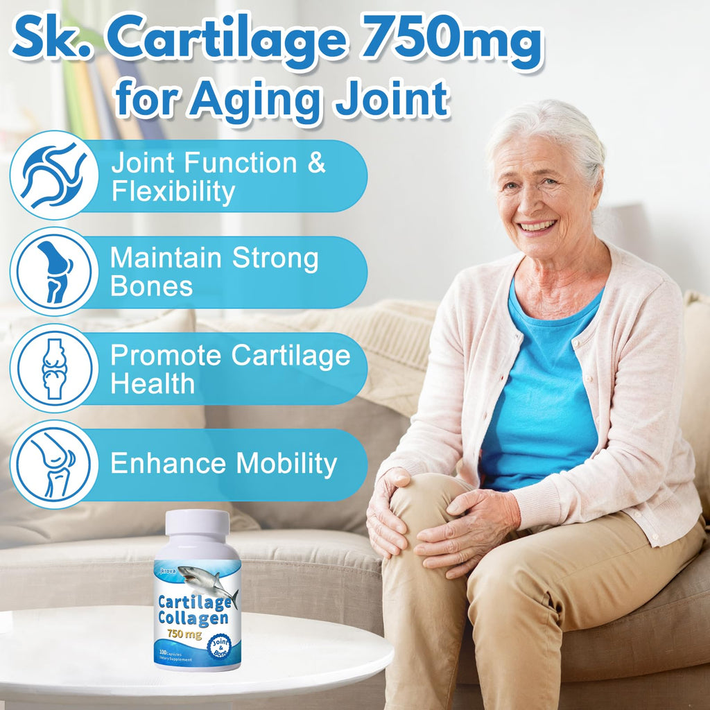 Jkrova Cartilage, for Joint & Bone, with Cartilage 750mg, Glucosamine & Collagen, Support Joint Function, Bone Density & Cartilage Health, Aging Joints, 100 Capsules