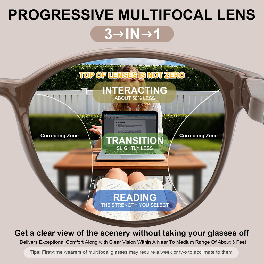 SKYOLUY 2 PCS Distinctive Progressive Multifocus Reading Glasses Women, Retro Anti Blue Light/Eye Fatigue/UV Computer Readers, Vintage Lady No-Line Multifocal Eyeglasses (Brown&Light Apricot, 1.5x)