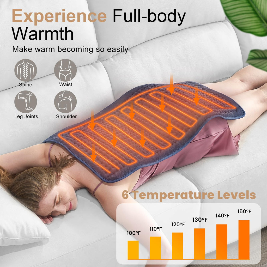 VAAGHANM Heating Pad: 33 x 17 inches Electric Heating Pad for Back -Extra Large Heat Pad for Shoulder/Neck/Knee/Arms - Upgraded 6 Timer & 6 Temperature Controller -Auto Shut Off- Gift for Mom