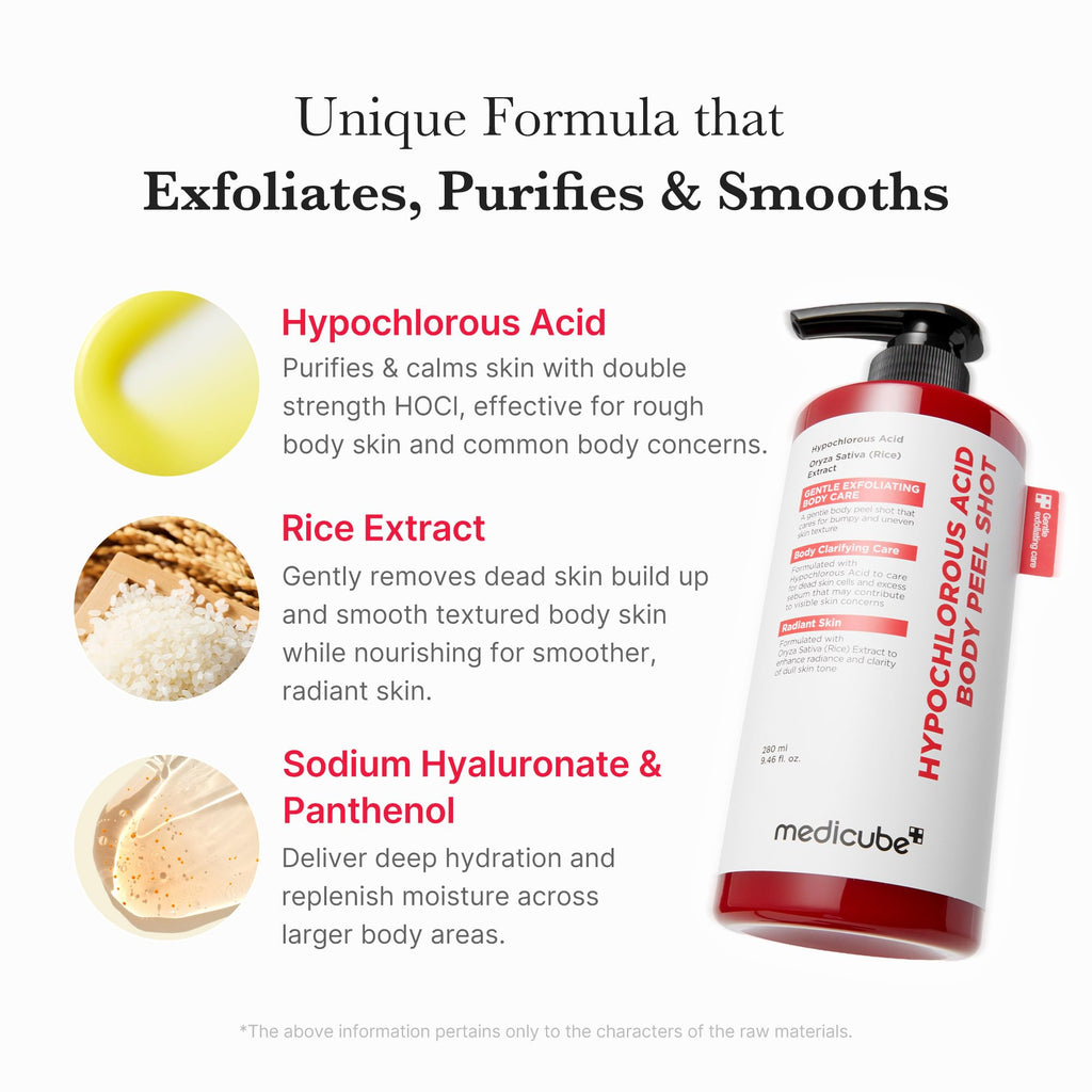 medicube Body Peel Shot with Hypochlorous Acid | Gentle Body Exfoliating Serum for Dead Skin Cells, Rough Patches & Uneven Texture | Rice Extract, Panthenol for Hydrating & Smoothing Care | 9.46 fl.oz