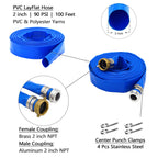DAVCO 2" ID × 100 ft Pool Backwash Hose, Heavy Duty Reinforced Blue PVC Lay Flat Water Discharge Pump Hoses For Swimming Drain Pools and Clean Filters, With Aluminum Pin Lug Fittings