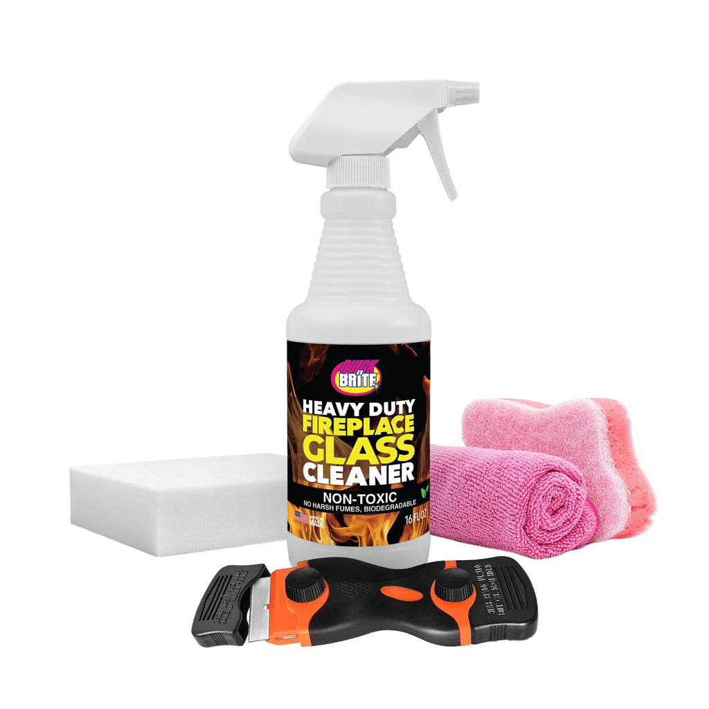 Quick 'n Brite Fireplace Glass Cleaner Kit – Heavy-Duty 16oz Cleaner with Scraper Tool, Melamine & Scrubber Sponges, Microfiber Towel – Glass, Wood Stove & Fireplace Door Cleaning - Made in the USA
