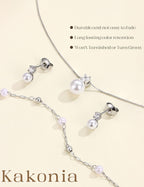 Kakonia Pearl Jewelry Set for Women Wedding, Dainty Silver Plated Bridal Necklace Pearl Drop Earrings Bracelet Set with Cubic Zirconia, Bridesmaid Prom Choker Wedding Bride Jewelry Pearls S