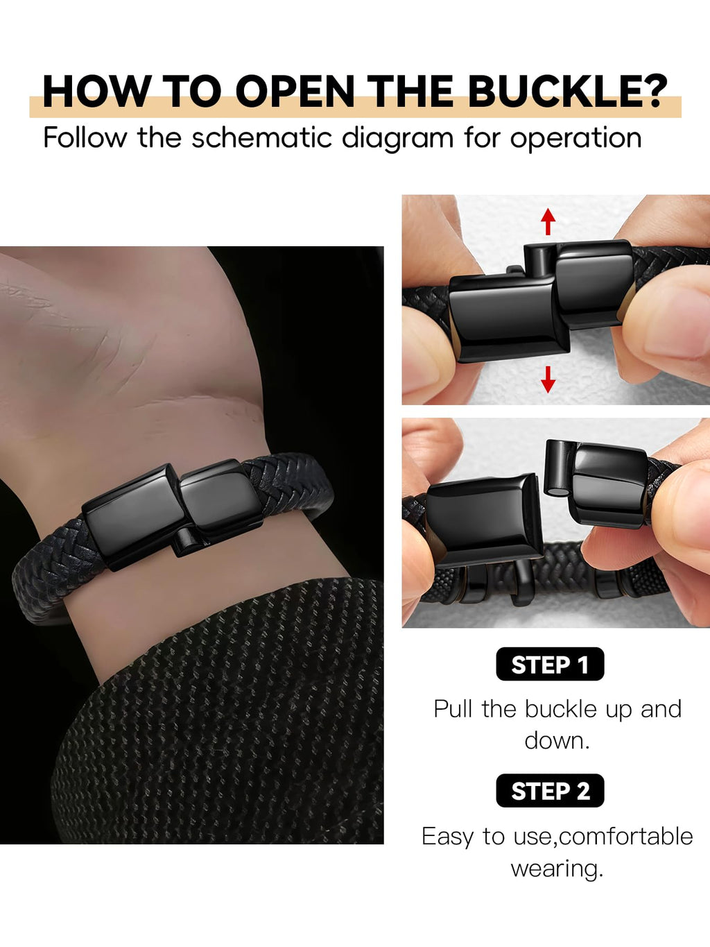 Oaldilee Black Cross Cuff Bracelet for Men, Stainless Steel Braided Leather Bible Verse Jesus Bracelet, Inspirational Faith Gift for Dad Brother Son Religious Baptism Confirmation Gifts, 9 Inches