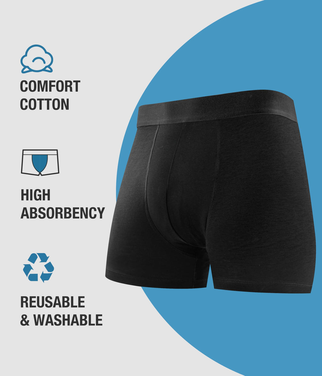 YESWEL Men's Incontinence Underwear, Leak Proof Washable Reusable Cotton Boxer Brief, Heavy Flow Bladder Leak 3 Pack (Black, X-Large)
