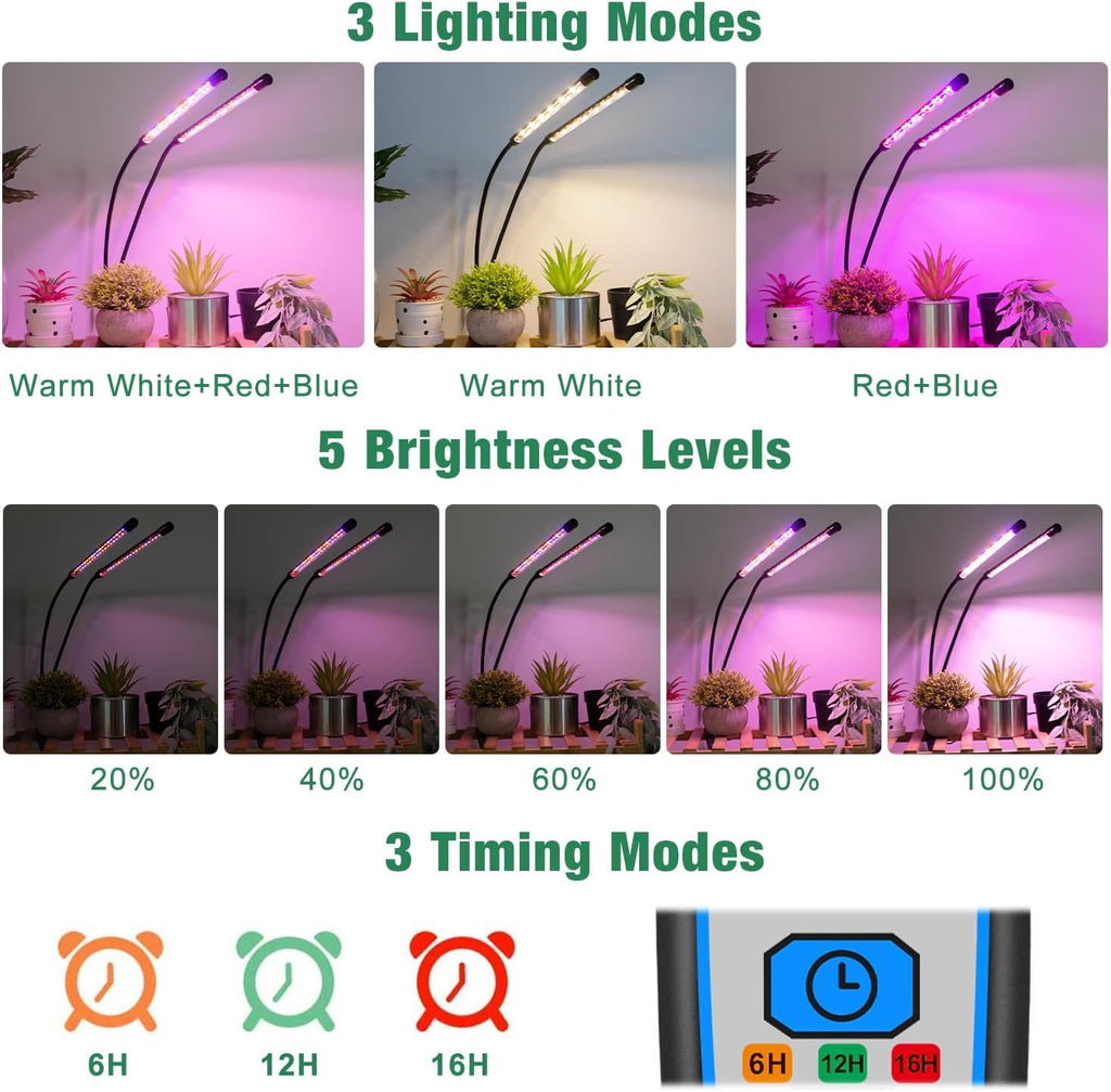 Garpsen Plant Light, 2 Heads Grow Lights for Seed Starting with Clip, 2Pack