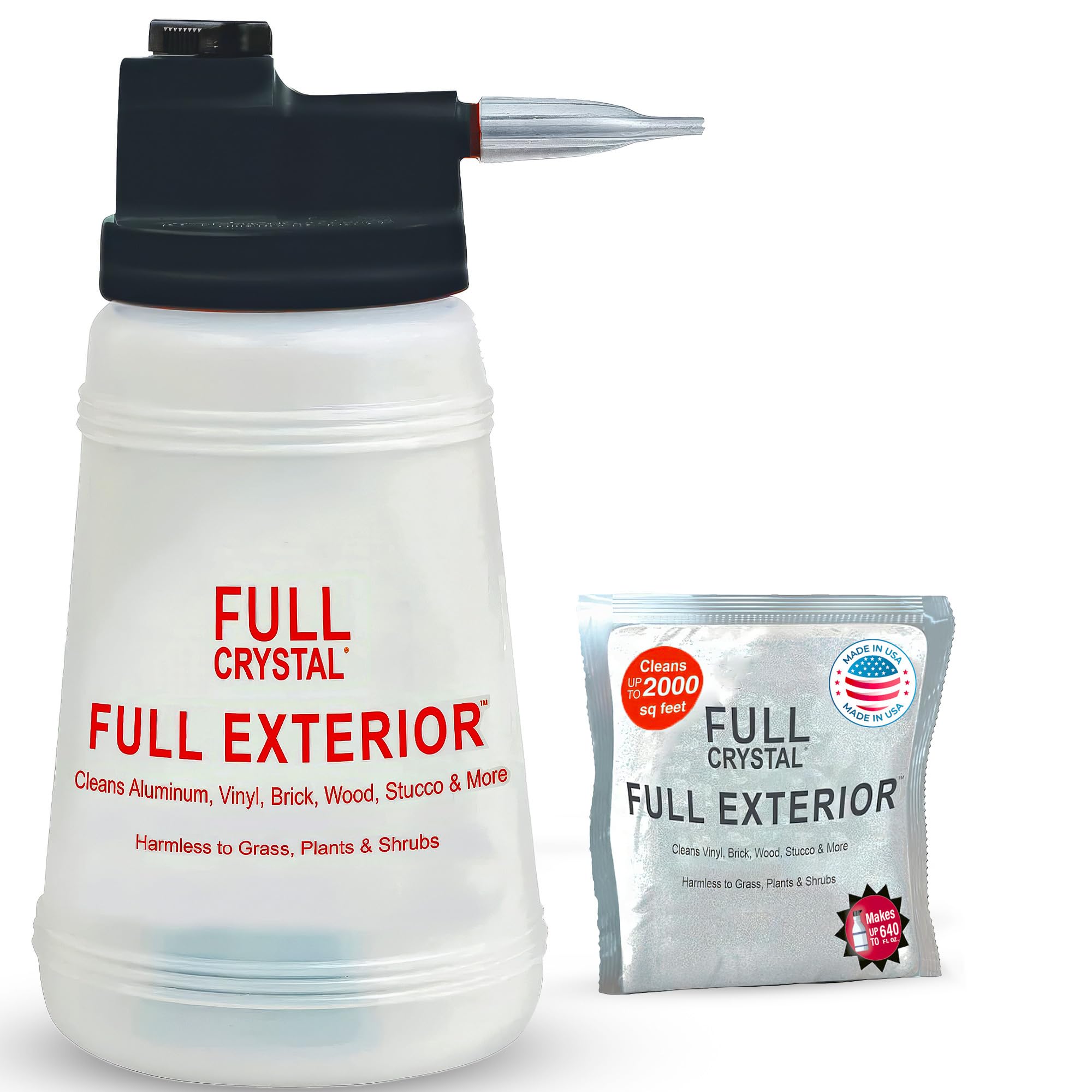 Full Exterior Kit – Bottle, Lid with Hose Attachment and One 4 oz Crystal Powder Outdoor Cleaner, Makes Up to 640 fl oz, Non-Toxic, No Scrub, No Rinse Cleaning Kit – Packaging May Vary