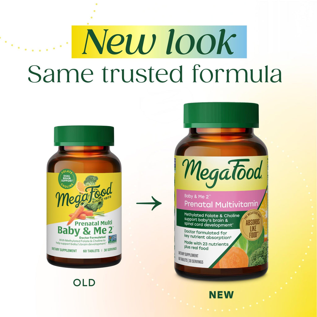 MegaFood Baby & Me 2 Prenatal Vitamin and Minerals - Vitamins for Women - with Folate (Folic Acid Natural Form), Choline, Iron, Iodine, and Vitamin C, Vitamin D and more - 60 Tabs (30 Servings)
