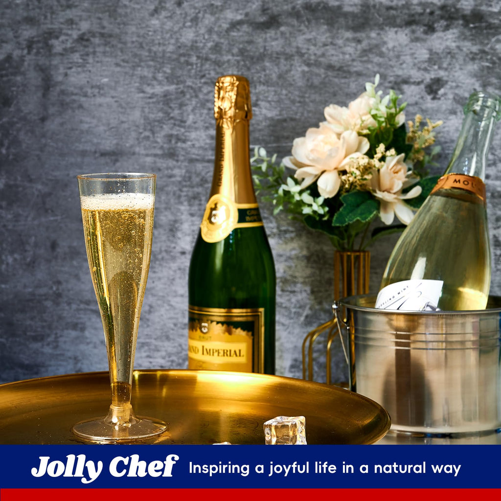JOLLY CHEF Plastic Champagne Flutes 4.5 oz 100 Pack Gold Glitter Glasses