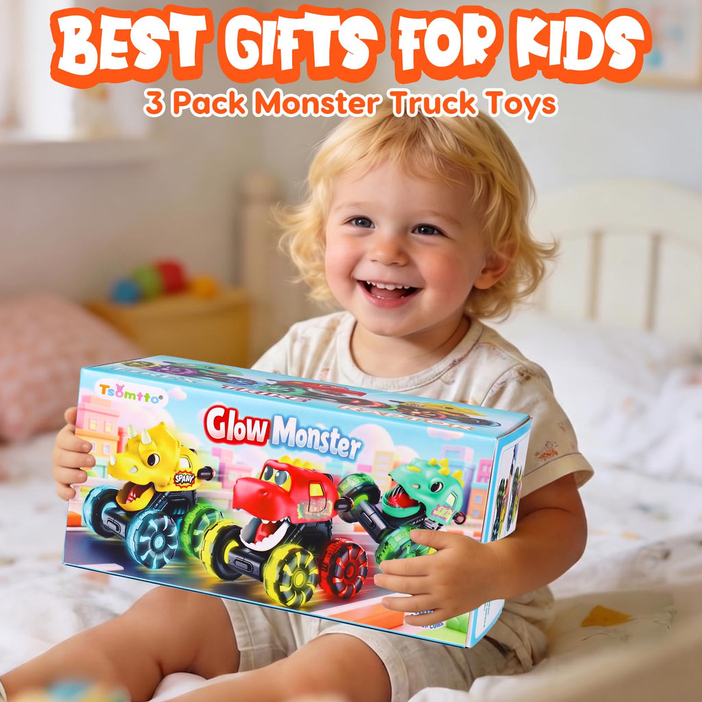 Monster Truck Toys Dinosaur Cars, Press and Go Light Up Cars for Toddlers