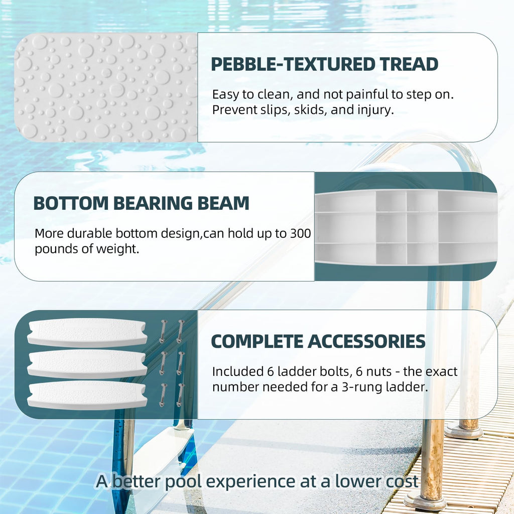 TonGass (3-Pack, White) 18" Universal Swimming Pool Ladder Rung Step Replacement with Stainless Steel Bolts Compatible with Inground Above Ground Pool Heavy-Duty Molded Plastic Ladder Step Parts