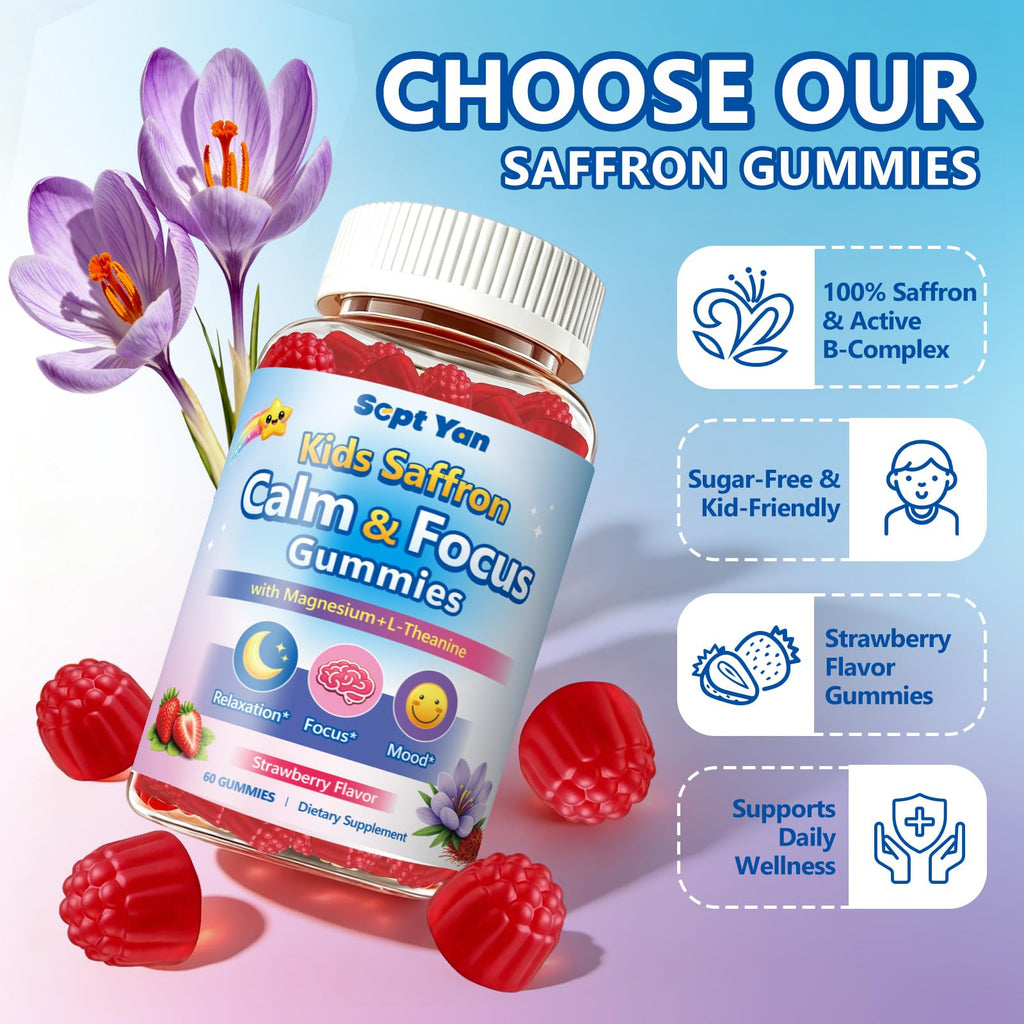 Sept Yan Saffron Gummies Kids with Magnesium L-Theanine Vitamin D3 B6 B12 Saffron for Kid Focus Mood Support Natural Saffrons Extract Supplement for Active Children Calm 60 Count Strawberry Sugar Free