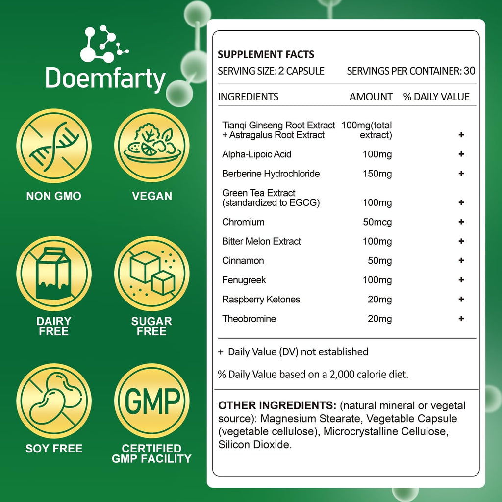 doemfarty GLP-1 Supplement, GLP-1 Support Capsules with Berberine, Naturally GLP1 Production, GLP-1 Probiotic Capsules for Women & Men, 60 Count