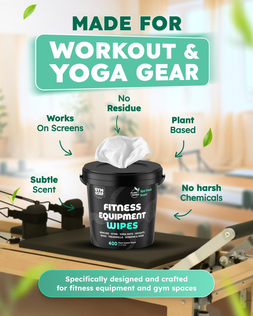 Yoga Mat Cleaner Wipes, Plant Based - 500 Gym Equipment Wipes to Clean Exercise Equipment, Treadmill, Peloton Bikes - Gym Supplies, Yoga Supplier, Cleaning Wipes for Home & Gym - Spa Fresh Scent