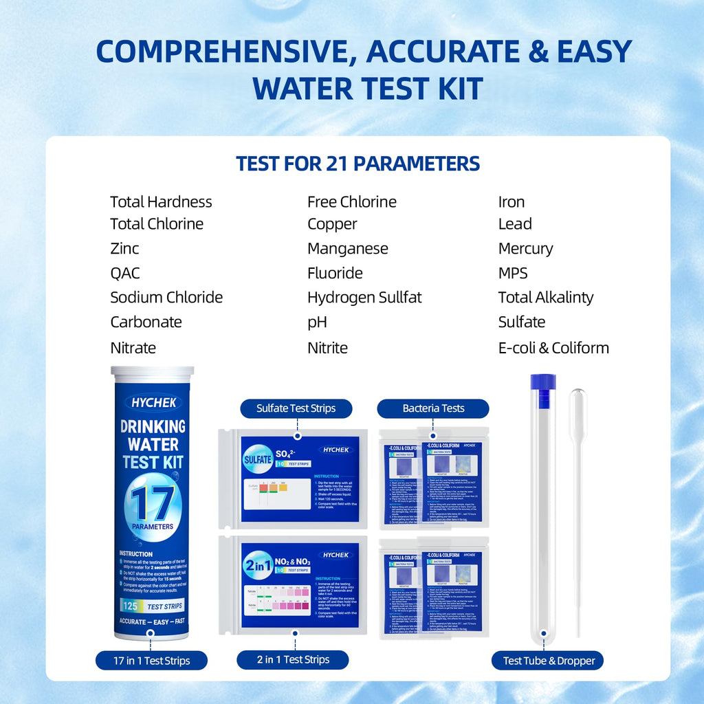 HYCHEK 21 in 1 Accurate Drinking Water Testing Kits, 145 Strips + 4 Bacteria Tests, Well and Tap Water Test Kit, Home Test Strips for Lead, Fluoride, Chlorine, Hardness, pH, Iron, Copper, and More