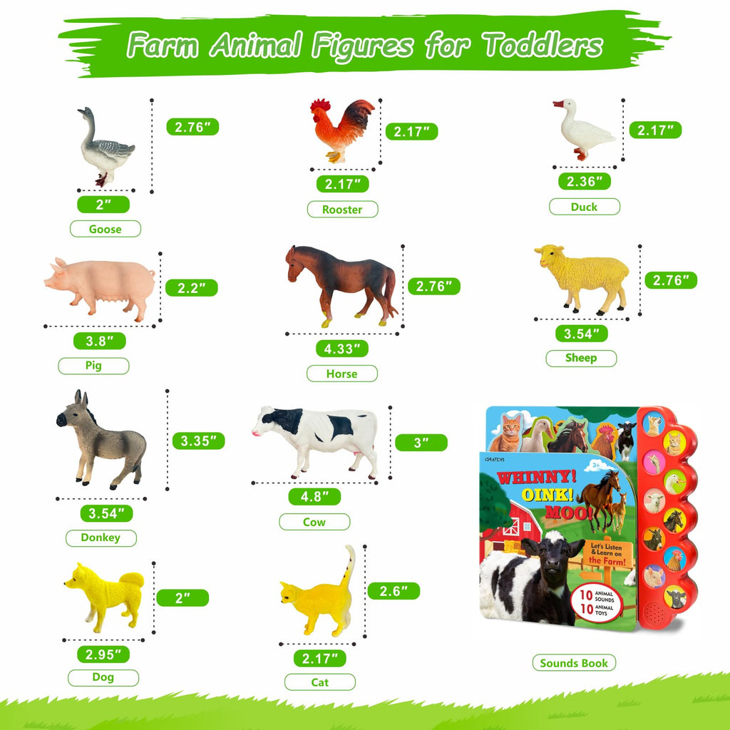 iGRATENS Farm Animals Figures Toys with Sound Books, 10PCS Farm Animals for Toddlers & Animal Sound Books with 10 Buttons, Plastic Animals, Farm Toys for Toddlers 3-5, Animal Lover Gifts for Kids