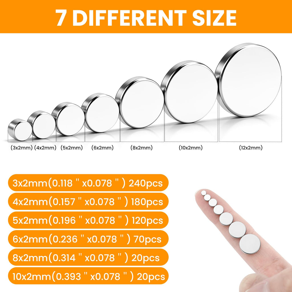 TRYMAG 645Pcs Small Magnets, 7 Different Sizes Tiny Mini Magents, Multi-Use for Fridge, DIY, Office, Hobbies, Crafts and Science