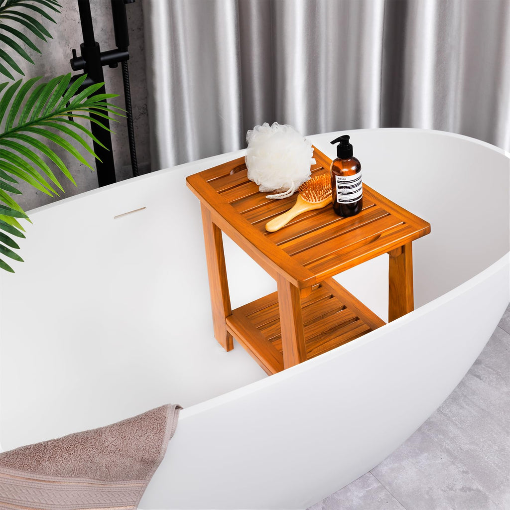 14" Compact Teak Shower Stool with Shelf & Handle - Waterproof, Non-Slip Bath Bench for Small Bathrooms/Tub/Outdoor Use, 300 lbs Capacity (Patented)