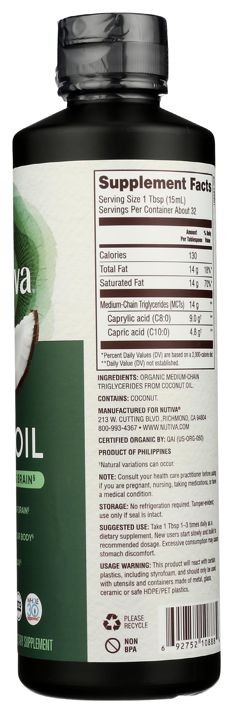 Nutiva Organic MCT Oil, Kosher, Keto Friendly, USDA Certified Organic, Non-GMO, 16 Fluid Ounce (Pack of 1)