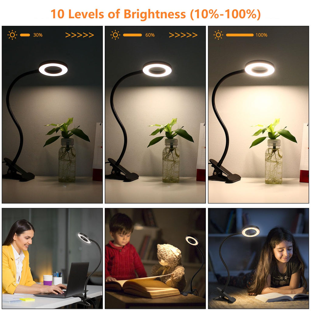 Woputne Desk Clip on Lamp for Reading Home Office, with 5V 2A Adapter, 10 Dimmable Brightness 3 Modes, Clamp Reading Light for Bed Headboard, Craft (Black)…