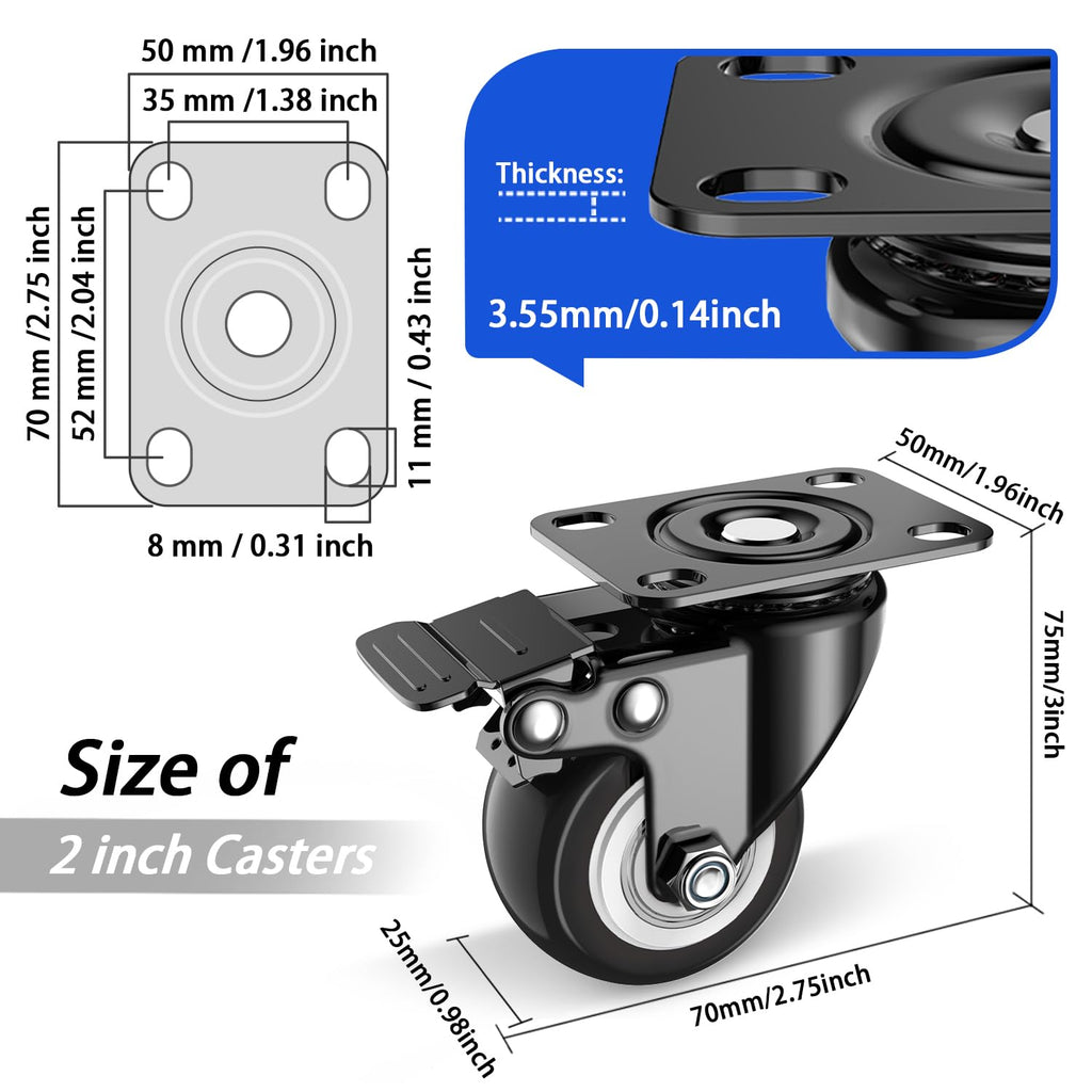 2 Inch Caster Wheels Set of 4, Heavy Duty Casters with Brake, No Noise Locking Swivel Casters with Polyurethane (PU) Wheels, Caster Wheel for Cart, Furniture and Workbench (Two Hardware Include)