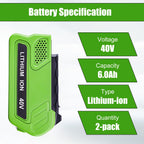 2 Pack 40V 6000mAh Ultra High Capacity Lithium Replacement Battery Compatible with Greenworks 40V Battery Power Tools 29252 20202 22262 25312 25322 20642 22272 27062 29462 Tool(NOT for Gen 1) (Green)