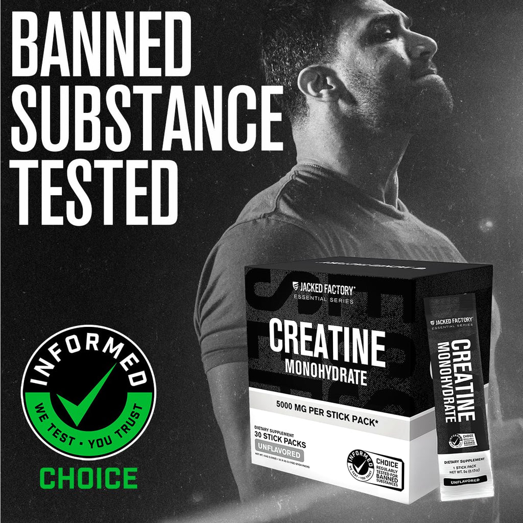 Jacked Factory Creatine Monohydrate Stick Packs 150g - 5g Daily Creatine Supplement for Men and Women, Vegan-Friendly, Third-Party Tested - 30 Servings, Unflavored