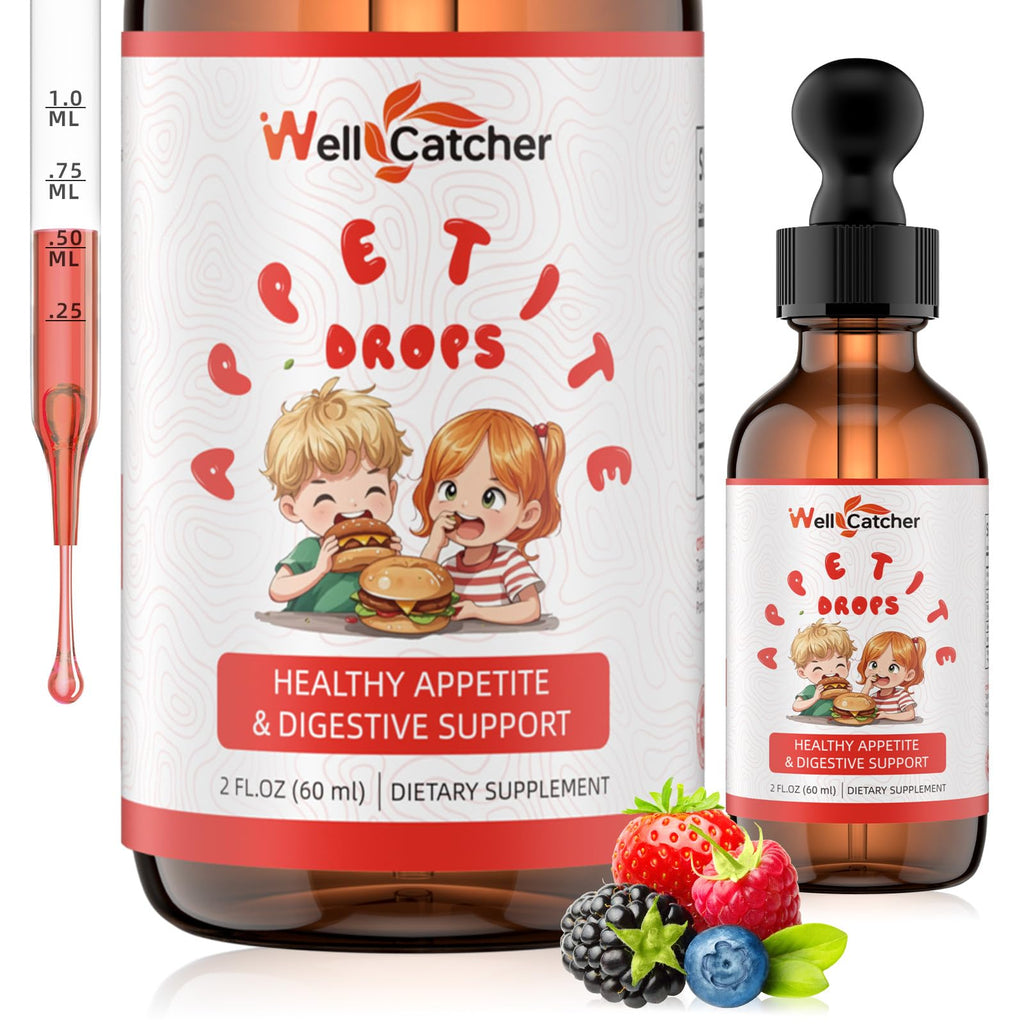 Wellcatcher Appetite Booster Drops for Kids Adults: Picky Eater Vitamins Support Gut Health Height Growth & Nutritional Balance with Bromelain Hawthorn Zinc, Sugar Free Vegan 60ML