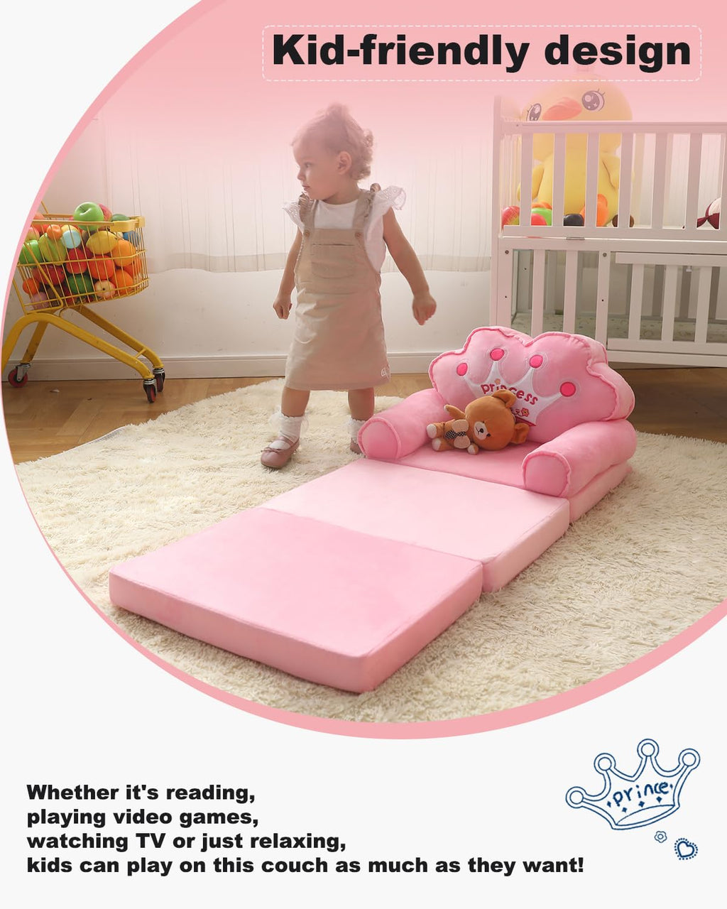 MOONBEEKI Kids Couch Fold Out, Foldable Princess Chair for Toddlers, Pink