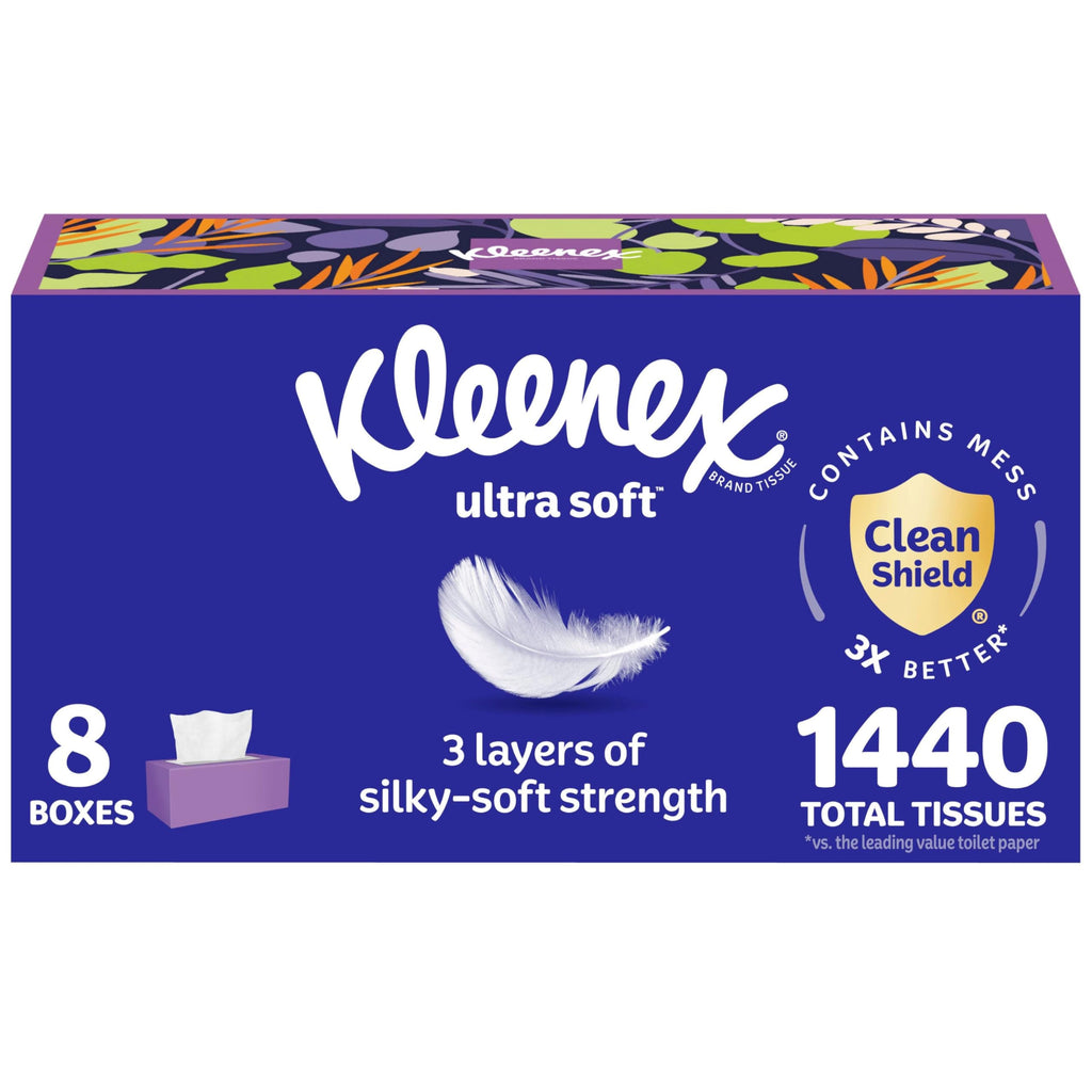 Kleenex Ultra Soft Facial Tissues, 8 Flat Boxes, 180 Tissues per Box, 3-Ply, Packaging May Vary