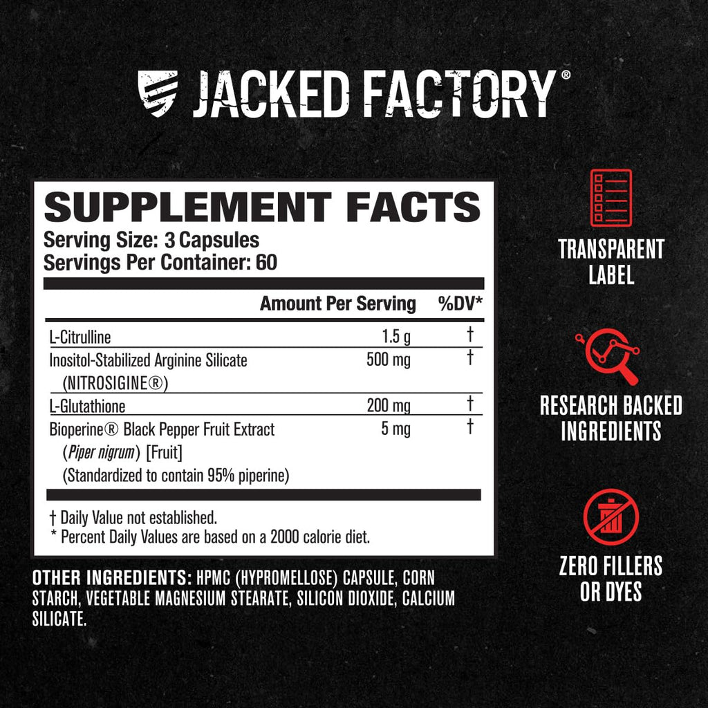 Jacked Factory N.O. XT Nitric Oxide Supplements for Men w/Nitrosigine L Arginine L Citrulline Supplement for Muscle Pumps & Vascularity - Pre Workout Nitric Oxide Booster & Muscle Builder - 180 Caps