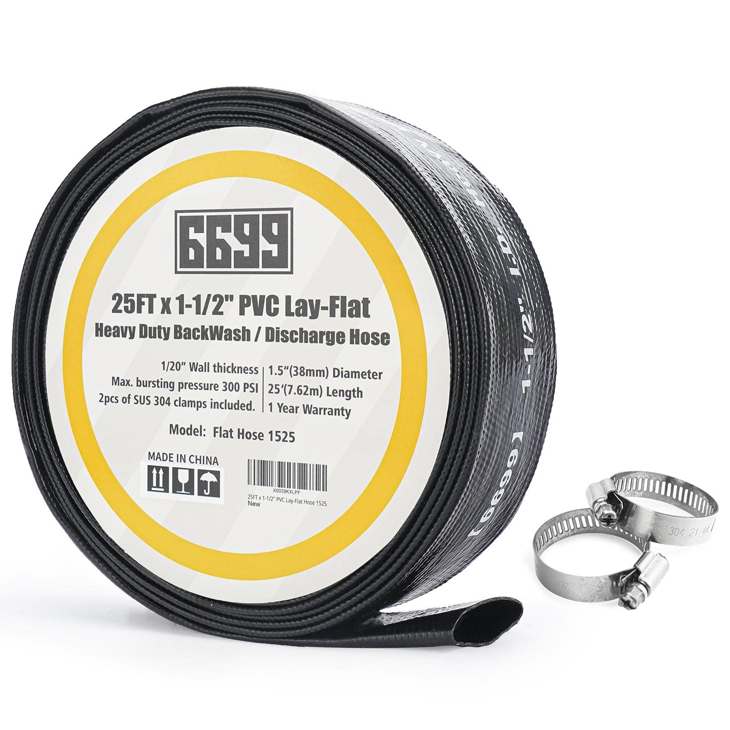 6699 Discharge Hose 1-1/2-Inch by 25-foot Sump Pump Hose with 2pcs SUS 304 Clamps Pool Backwash Hose for Draining/Removing Water Lay Flat Hose 1525