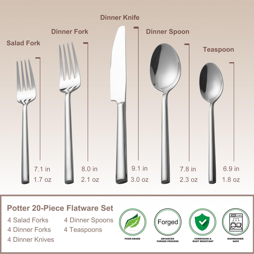 Alata Potter 20-Piece Forged Silverware Set Stainless Steel Flatware Set Cutlery Set,Service for 4,Mirror Finish,Dishwasher Safe