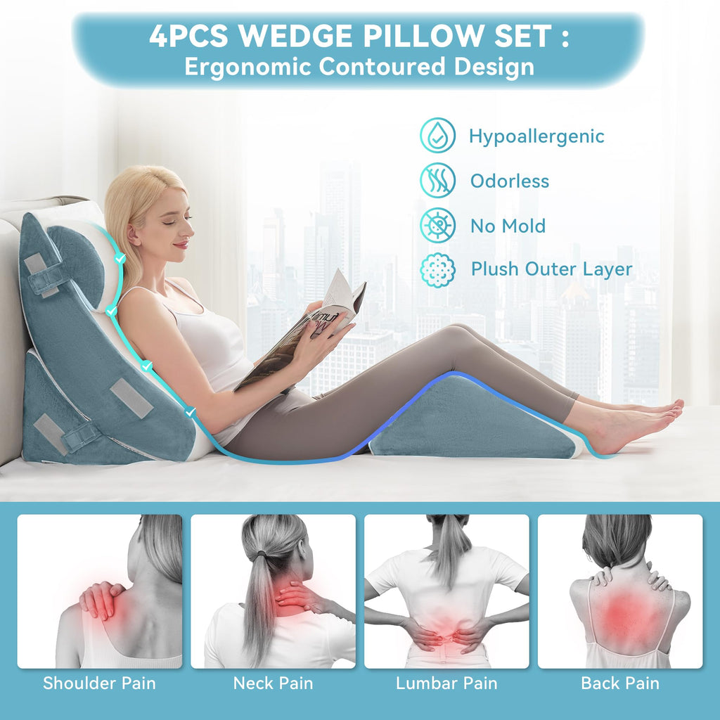 Kingfun 4PCS Orthopedic Bed Wedge Pillow Set for Headboard, Post Surgery Memory Foam Support Pillows for Back, Neck and Leg Pain Relief, Adjustable Triangle Pillow - Acid Reflux, Anti Snoring & GERD