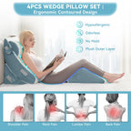 Kingfun 4PCS Orthopedic Bed Wedge Pillow Set for Headboard, Post Surgery Memory Foam Support Pillows for Back, Neck and Leg Pain Relief, Adjustable Triangle Pillow - Acid Reflux, Anti Snoring & GERD