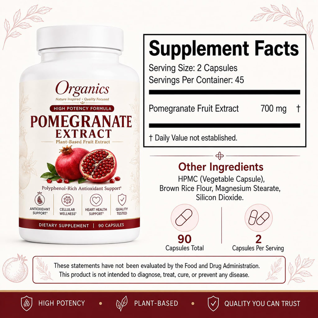 KYZTMHC Organic Pomegranate Extract, Pomegranate Fruit Extract Supplement with Polyphenol Antioxidants, Non-GMO, Daily Wellness Support, 90 Capsules