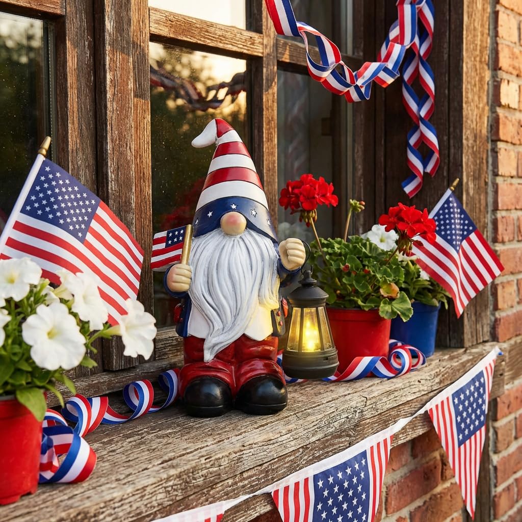 TERESA'S COLLECTIONS 4th of July Gnome Decorations with Solar Lantern, Memorial Day Decorations Resin Patriotic Garden Gnome Holding American Flag, USA 250th Anniversary Independence Day Gift 8"
