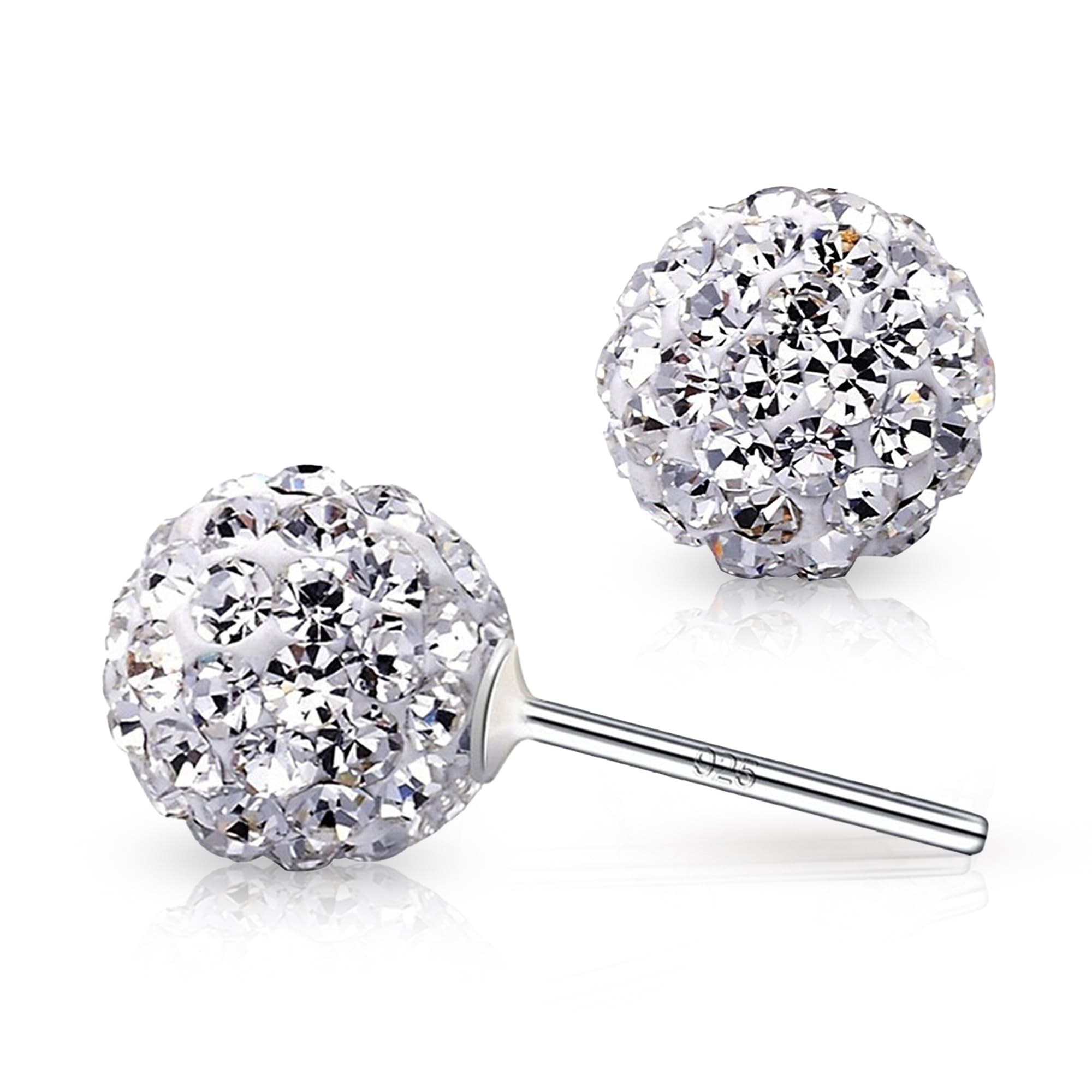 Crystalline Azuria 925 Sterling Silver Earrings White Crystals Round Disco Ball Stud Earrings 8 mm for Women