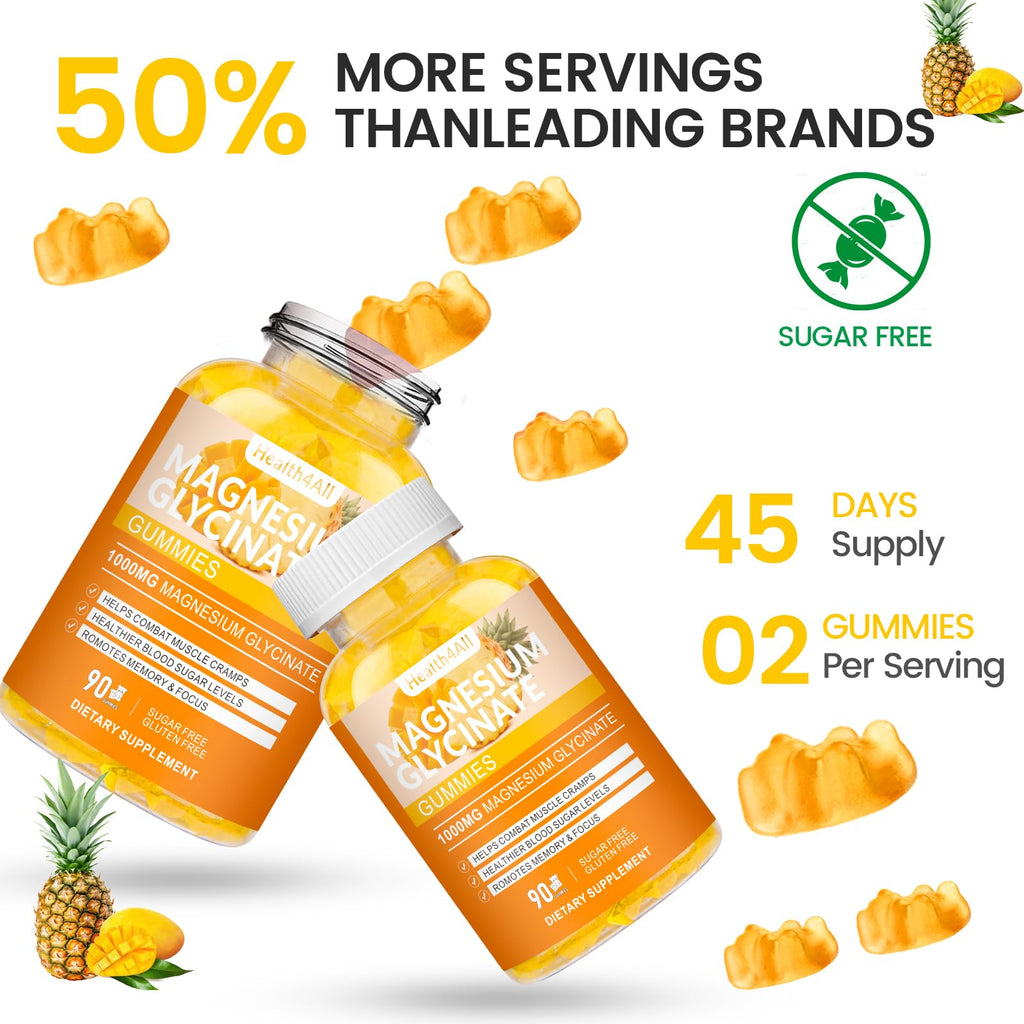 Magnesium Glycinate Gummies 1000mg, High Absorption Sugar Free Magnesium Potassium Supplement for Relaxation, Stress Relief, and Sleep Support for Adults & Kids - 90 Mango Pineapple Gummies